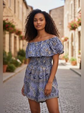 Entro Lavender Floral Off-Shoulder Romper Dress – Size Small